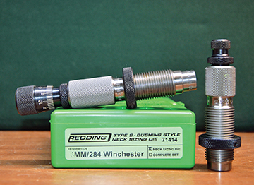 Layne uses a Redding Type S die to neck-size fired 6mm-284 cases. The die contains a sizing bushing .002 inch smaller than the neck of the case with the bullet seated. Bullets are seated with a Redding Competition die.